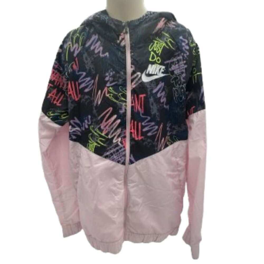 Nike Air Windrunner Girls Light Windbreaker Hooded Jacket in Pink Graffiti-Large